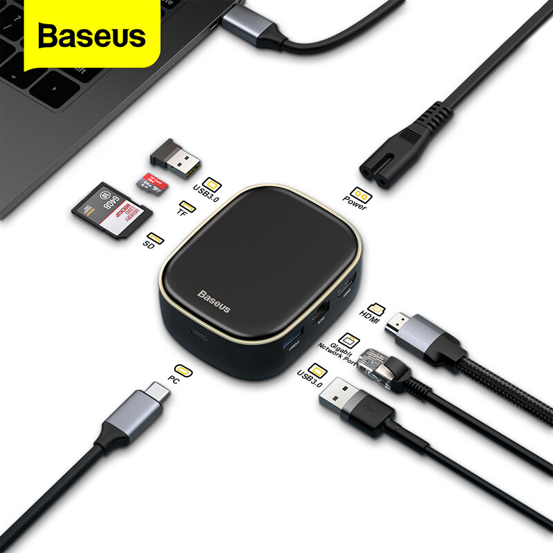 

Baseus 2 In 1 USB-C Hub+USB Wall Charger Docking Station Adapter With 2 * USB 3.0 / 60W Type-C PD / 4K HD Display / Rj45