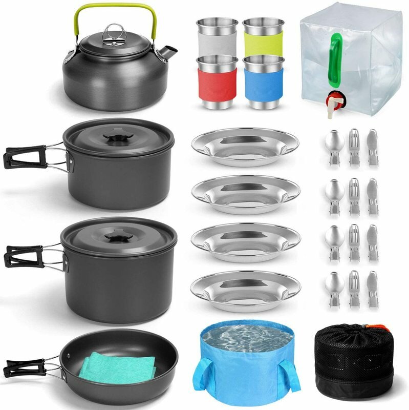 Set peralatan masak berkemah 33 Pcs dengan panci anti lengket, penggorengan, ketel, cangkir, piring, garpu, pisau dan sendok untuk penggunaan di luar ruangan.
