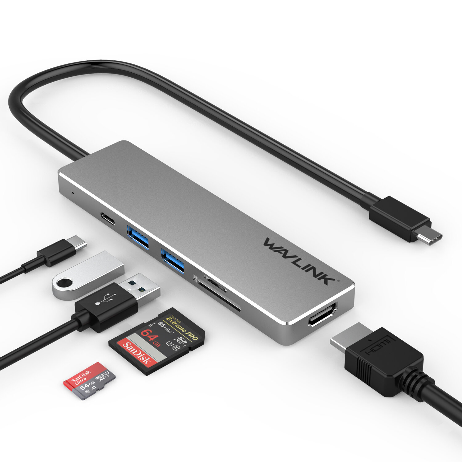 Wavlink USB C Hub 6-in-1 Type C Adapter met 100W Power Delivery, 4K HDMI Display, TF/SD-kaartlezer, 