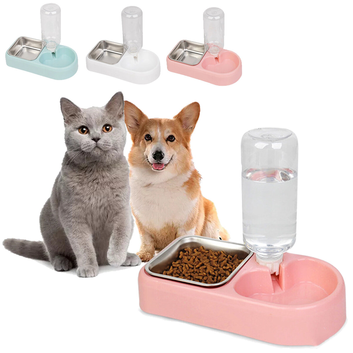 Pet Food Bowl Double Use Automatic Water Feeder Dog Cat Dispenser Bottle Drinking Fountain