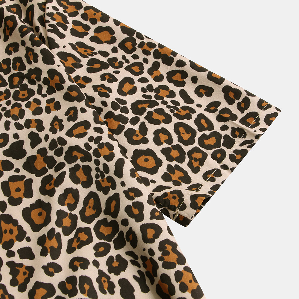 men leopard print short sleeve relaxed revere shirts at Banggood