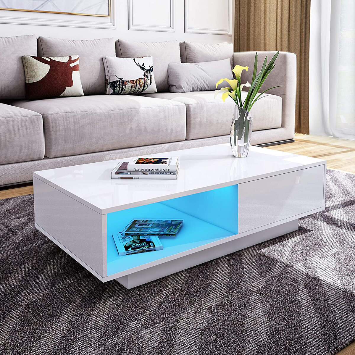 Woodyhome High Gloss RGB LED Coffee Table with 2 Drawer Storage Modern Sofa Side End Table