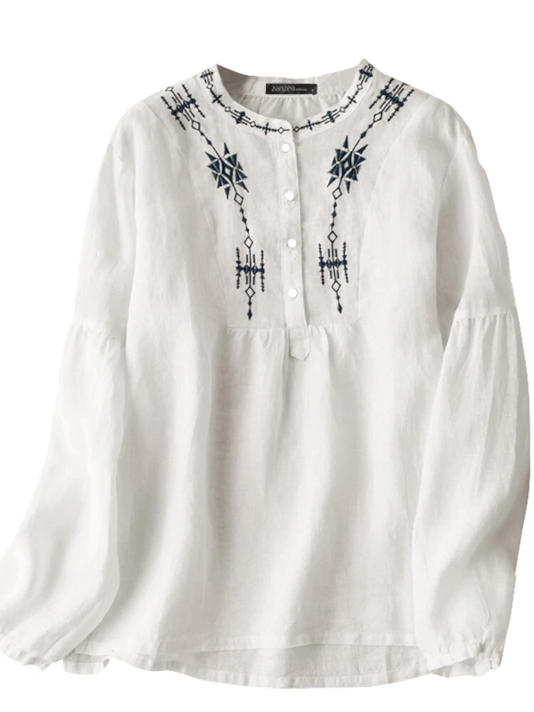 Pure cotton embroidery solid geometric spliced casual shirt for women