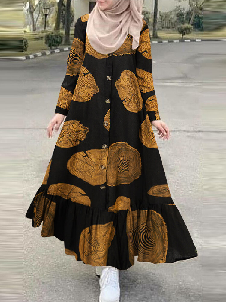 Women Cotton Tree Stump Print Ruffle Hem Long Sleeve Muslim Maxi Dress