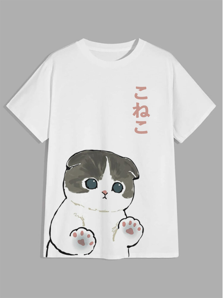 

Mens Japanese Cute Cat Print Crew Neck Short Sleeve T-Shirts