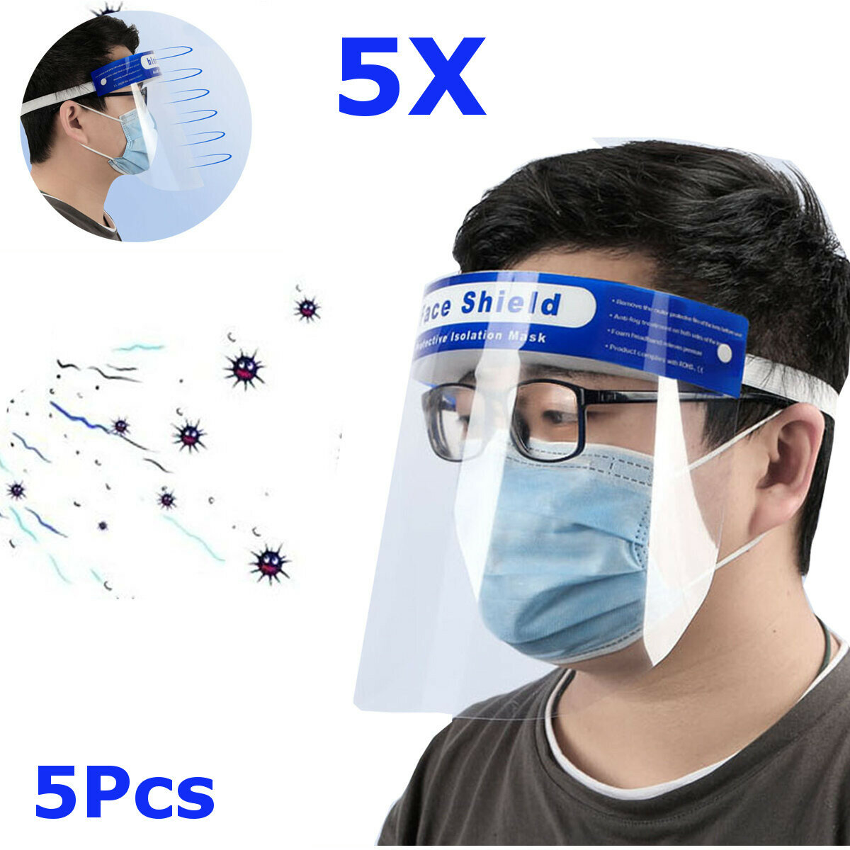 

5Pcs Transparent Adjustable Full Face Shield Plastic Anti-fog Anti-spit Protective Mask