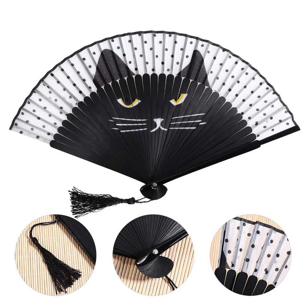 Women Cartoon Cat Folding Silk Fan Handheld Rave Fan Japanese Craft Dance Fan
