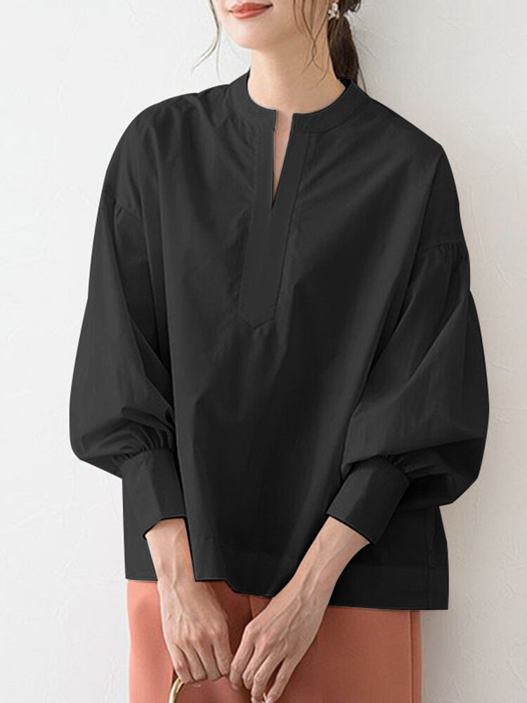 Women Solid Pleating Loose Daily Stand Collar Long Sleeve Shirts
