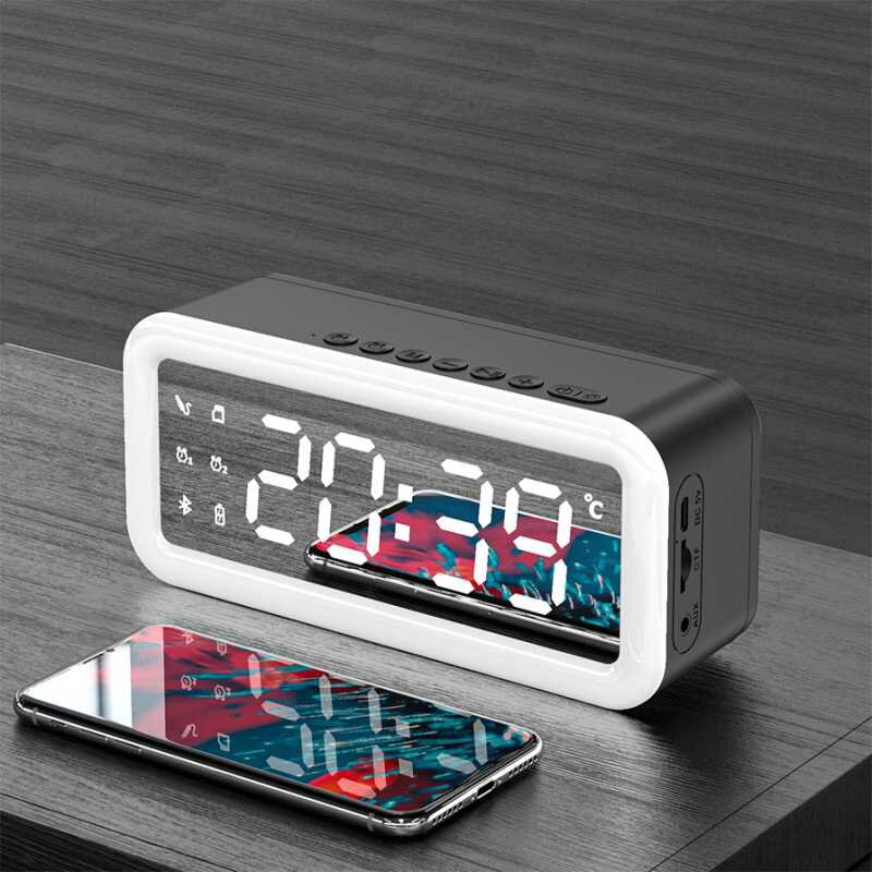 

B122 bluetooth 5.0 Speaker Alarm Clock Multiple Play Modes LED Mirror Speaker with FM Function 360° Surround Stereo Soun