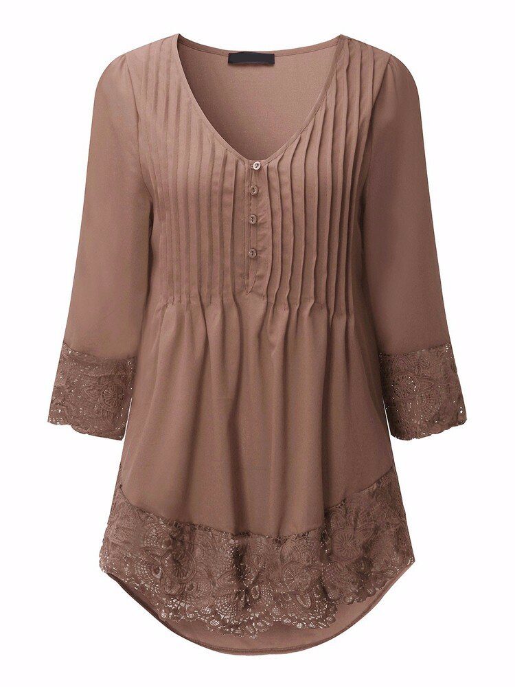 pleated lace patchwork three quarter sleeve blouse at Banggood