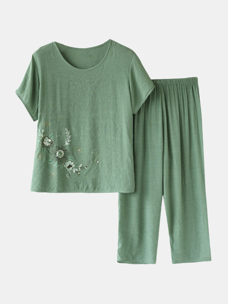 Women Vintage Flower Print Loungewear Short Sleeve Breathable Pajamas