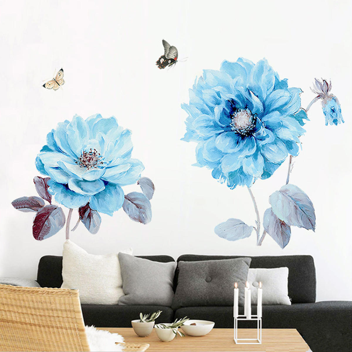 Blauwe bloemen Muursticker Kamersticker Woonkamer Achtergrond Slaapkamerdecoratie