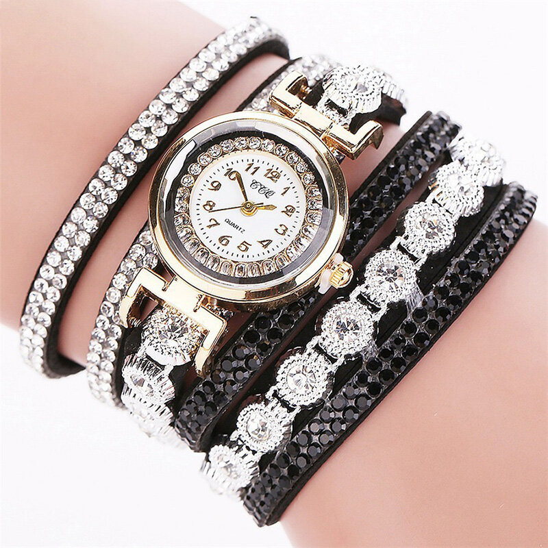 CCQ Fashion Luxury Rhinestone Искусственная кожа Стандарты Женское Кварцевые часы-браслет