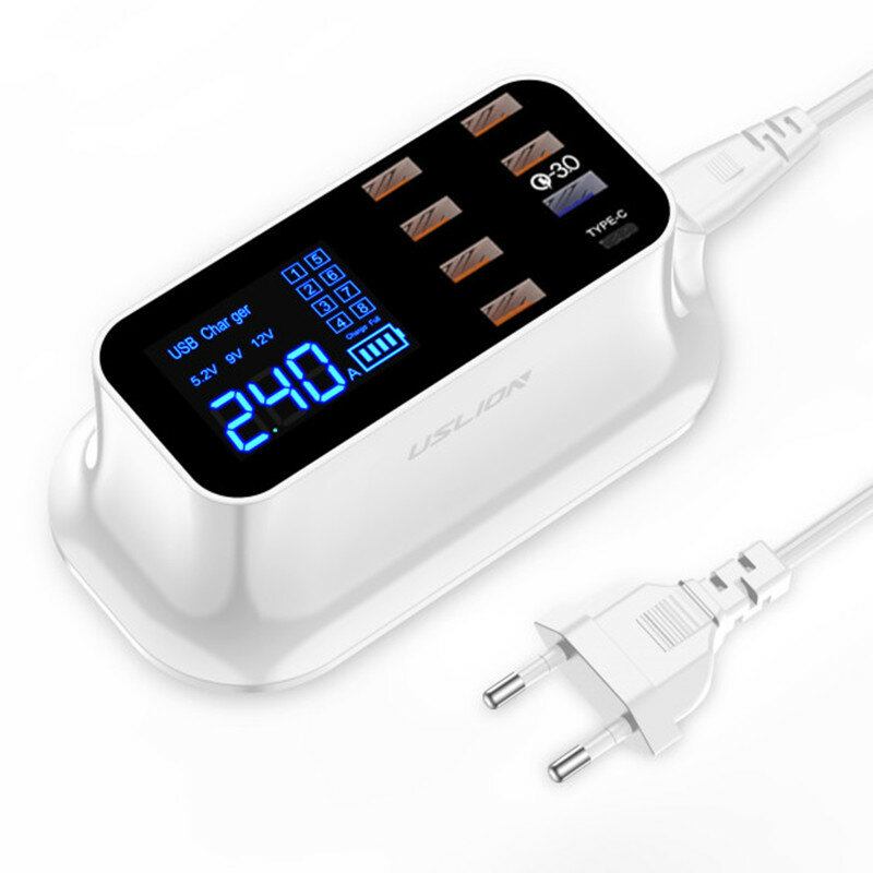 

USLION 40W 8-Port USB Charger USB-A*6+QC3.0+Type-C Fast Charging Desktop Charging Station EU Plug for iPhone 14 Pro 14 1