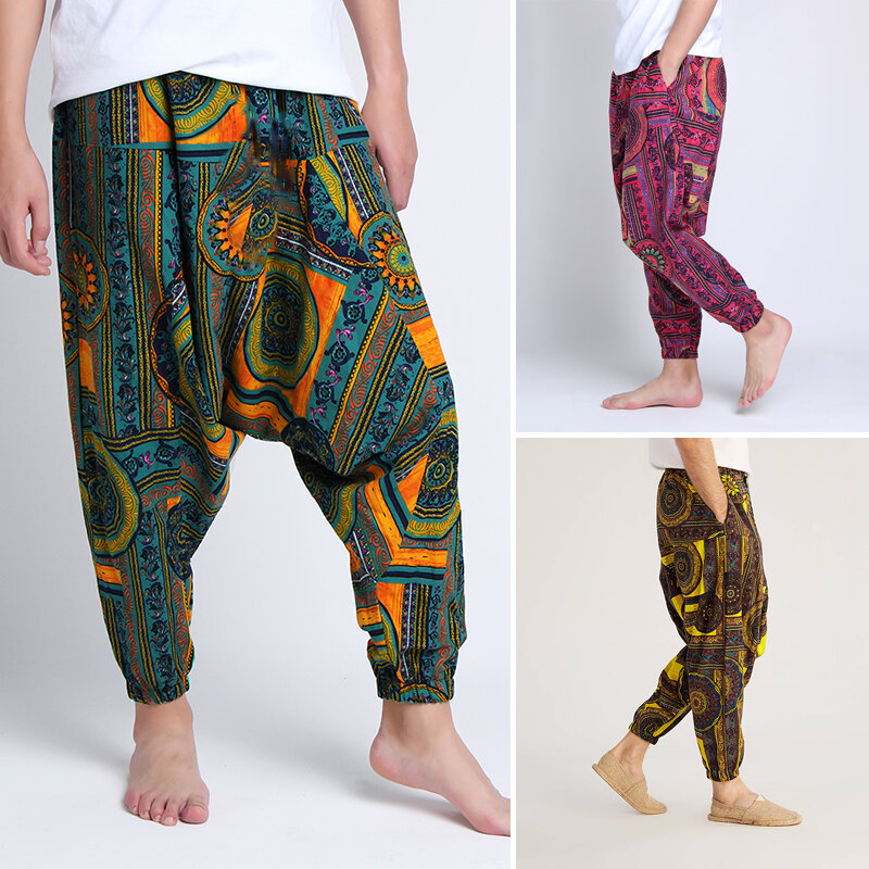 3 Colors Men's Casual Elastic Waist Pants Thai Fisherman Harem Trousers