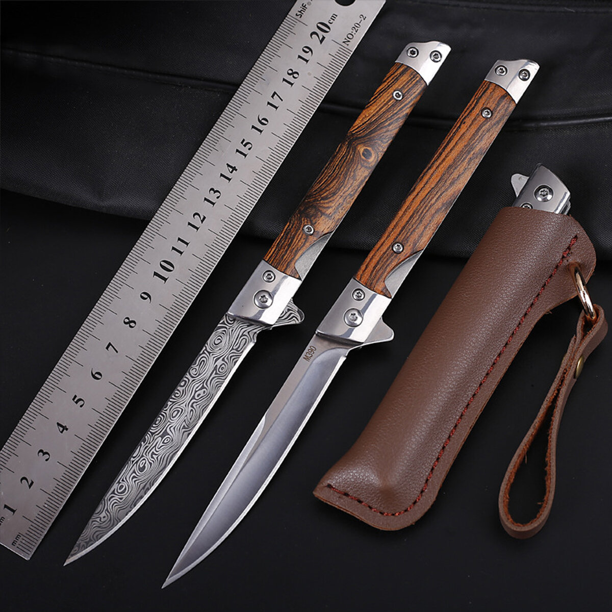 215mm 8.46" Folding Long Knife With Holster 3cr13Mov Blade Wooden Handle Portable Pocket Damascus Knife Outdoor  Camping Hunting Survival Tools