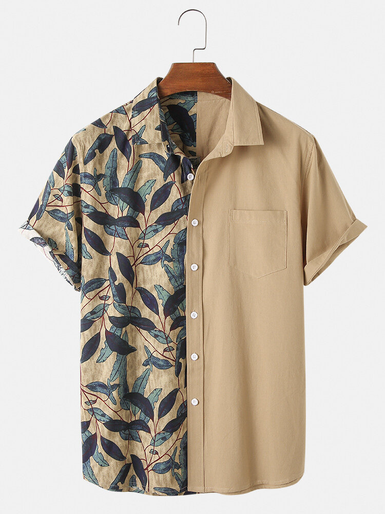 

Banggood Designed Mens 100% Cotton Splicing Style Leaf Pocket Short Sleeve Casual Shirts