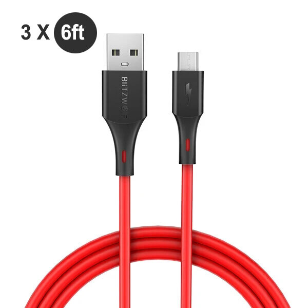 [3 Pack] BlitzWolf® BW-MC14 Micro USB Charging Data Cable 6ft/1.8m For ASUS ZenFone Max Pro-Red