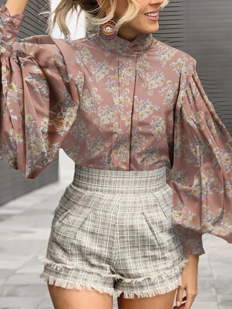 Dames Lantaarnmouwen Bloemen geplooid overhemd met opstaande kraag en patroon