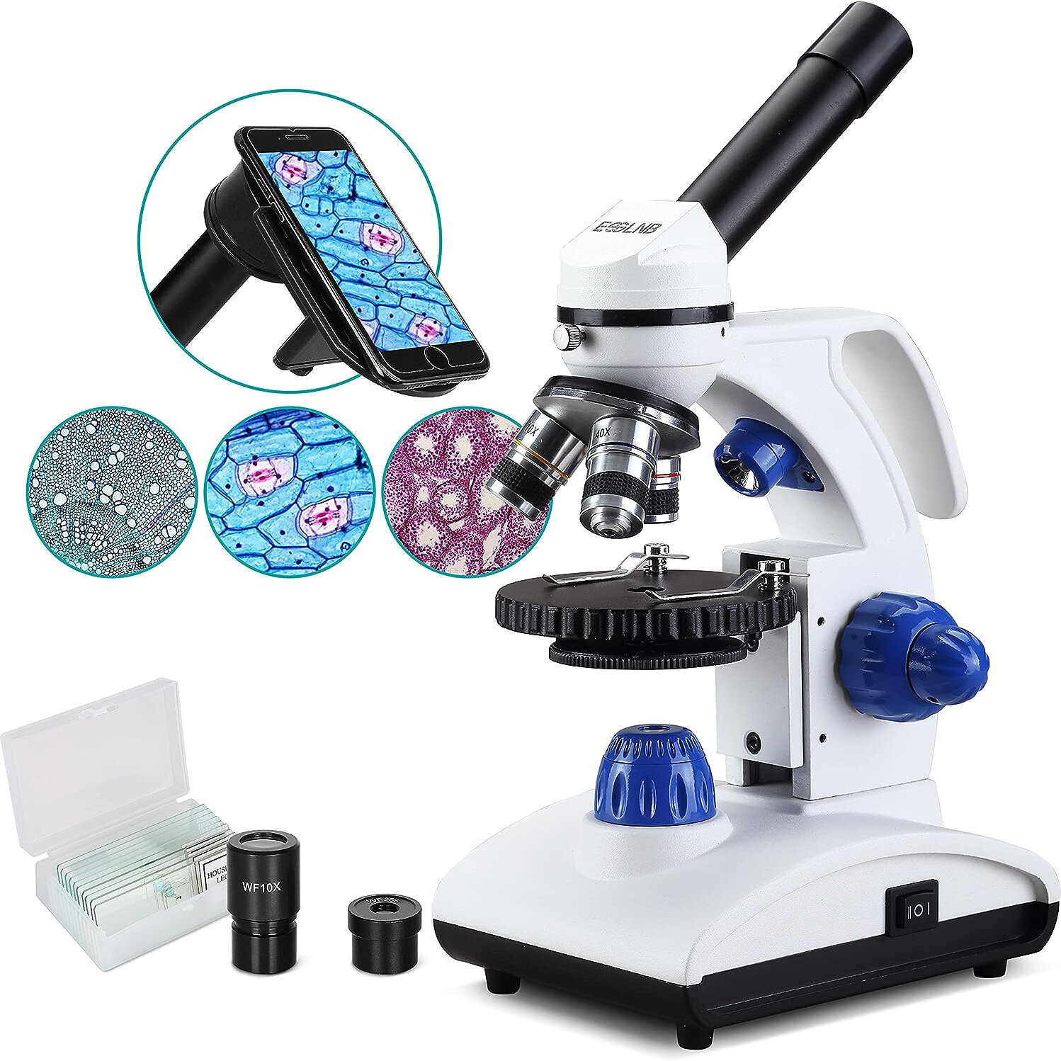 [US Direct] ESSLNB ES1045 Mikroskop 1000X Študentský mikroskop pre deti LED Biologický svetelný mikroskop so sklami a adaptérom telefónu Všetky kovové optické sklo