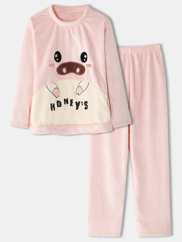 Dames Flanel Pig Graphics Sweatshirts met lange mouwen Elastische taille Broek Thicken Home Pyjama S