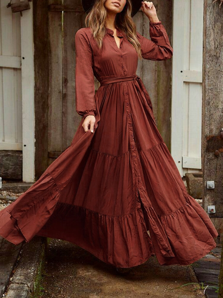 Vintage Puff Sleeve Button Stand Collar Long Sleeve Belted Pleated Maxi Dress For Women