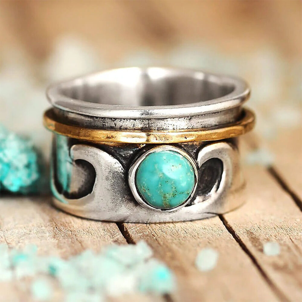 1 Pcs Retro Simple Turquoise Pattern Two Tone Creative Turnable Alloy Ring