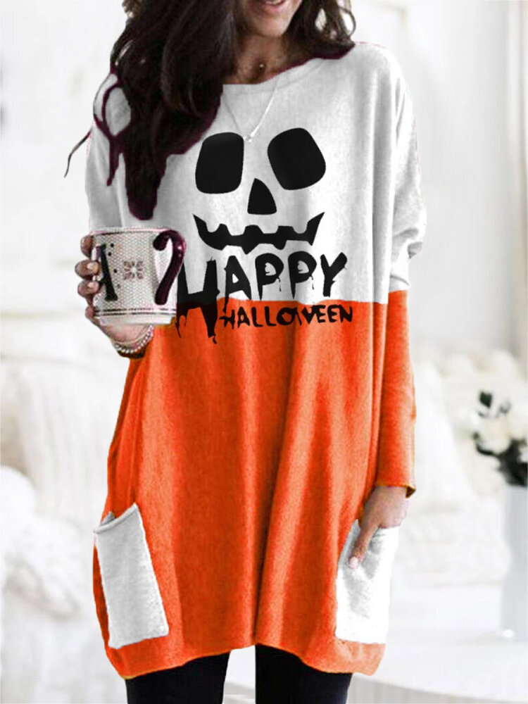 Women Halloween Patchwork Letter Printed Casual Mid-Length Sweatshirts With Pockets