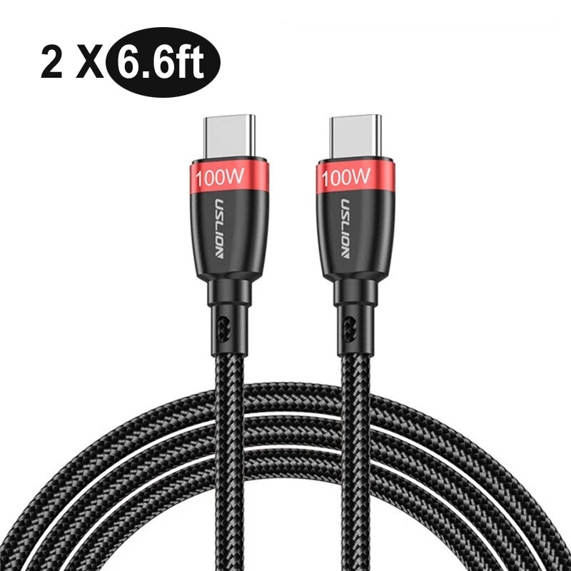 [2 stuks] USLION 100 W 5A USB-C naar USB-C kabel 2 m / 6,6 ft PD3.0 voedingskabel QC4.0 snellaadgege