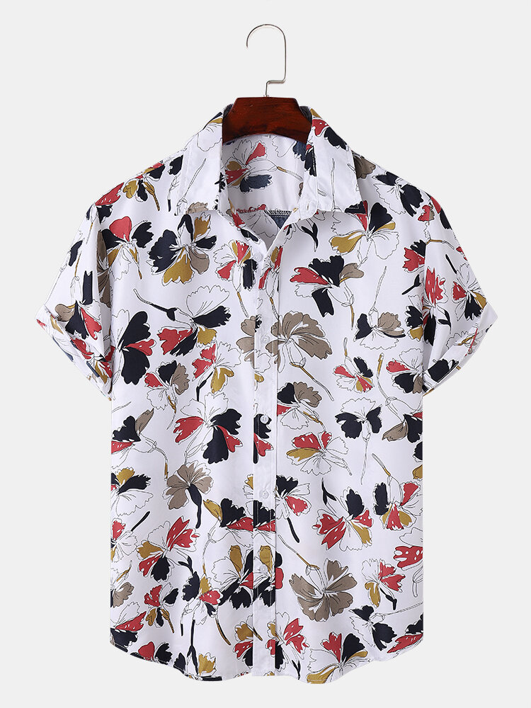 Men Four Leaf Clover Print Creative Curved Hem Matching Casual Shirts