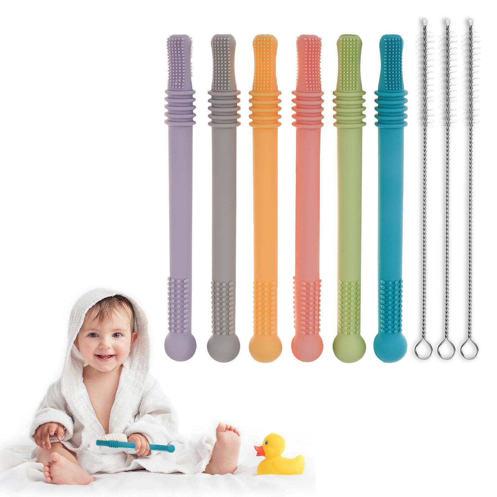

Hollow Teething Tubes for Babies(6 Pack), Baby Teether Tubes, Soft Silicone Teething Straws for Infants, BPA Free & Free