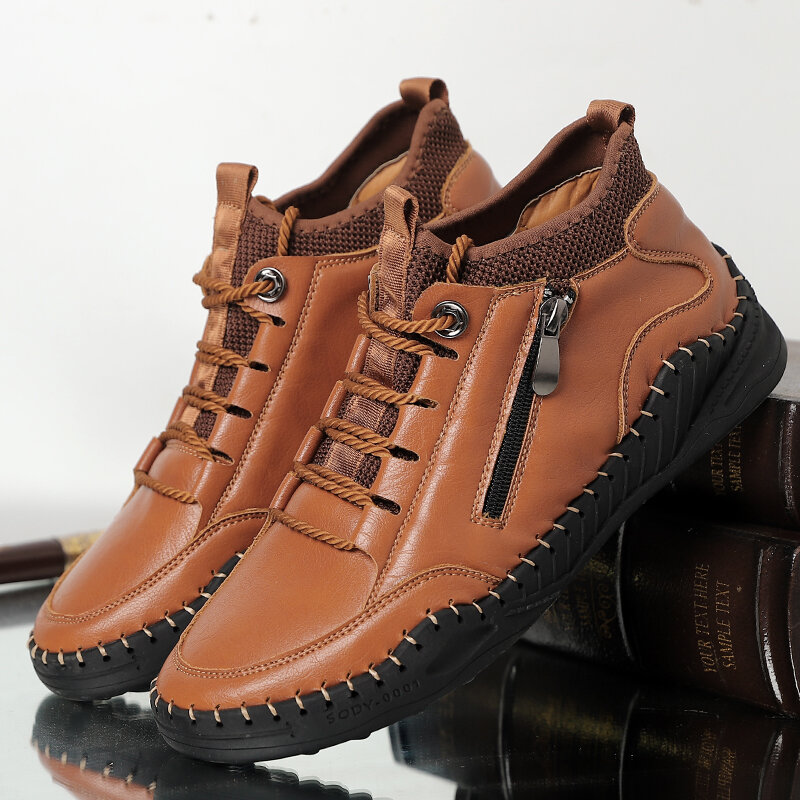 Men Hand Stithcing Soft Sole Lace Up Side Zipper Ankle Boots