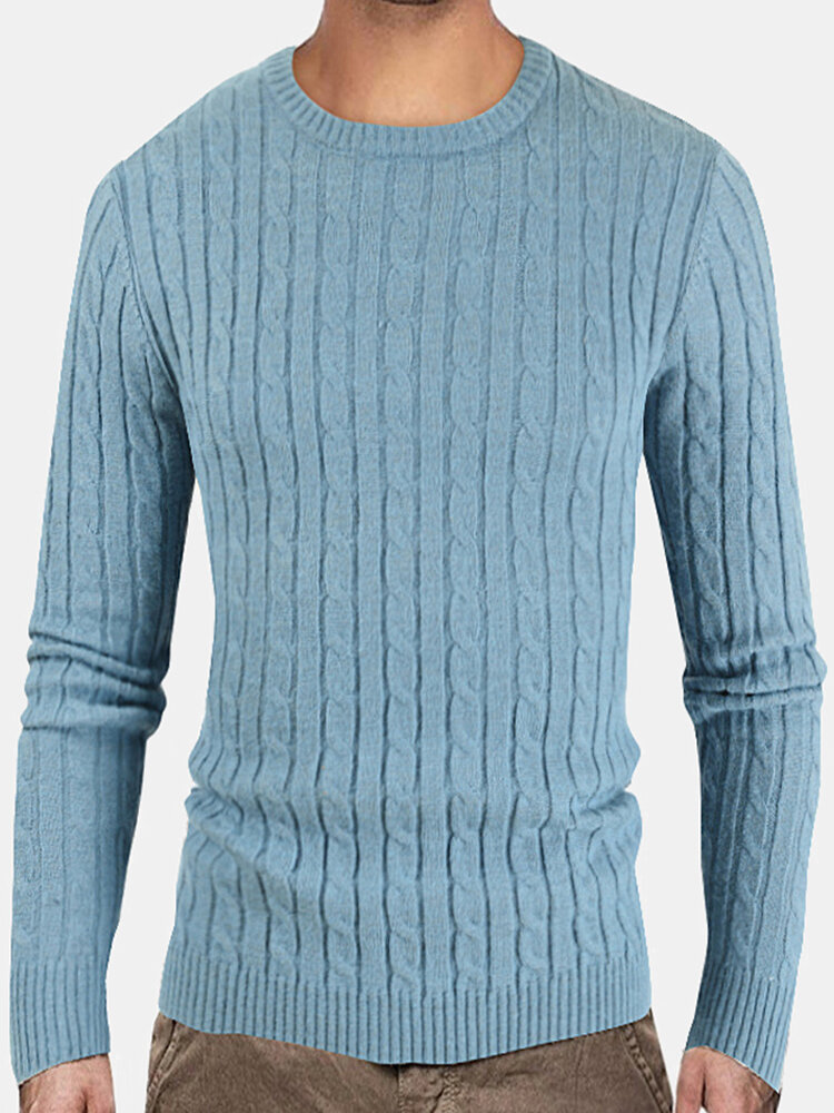Mens Solid Color Crew Neck Twist Knitted Regular Fit Pullover Sweater