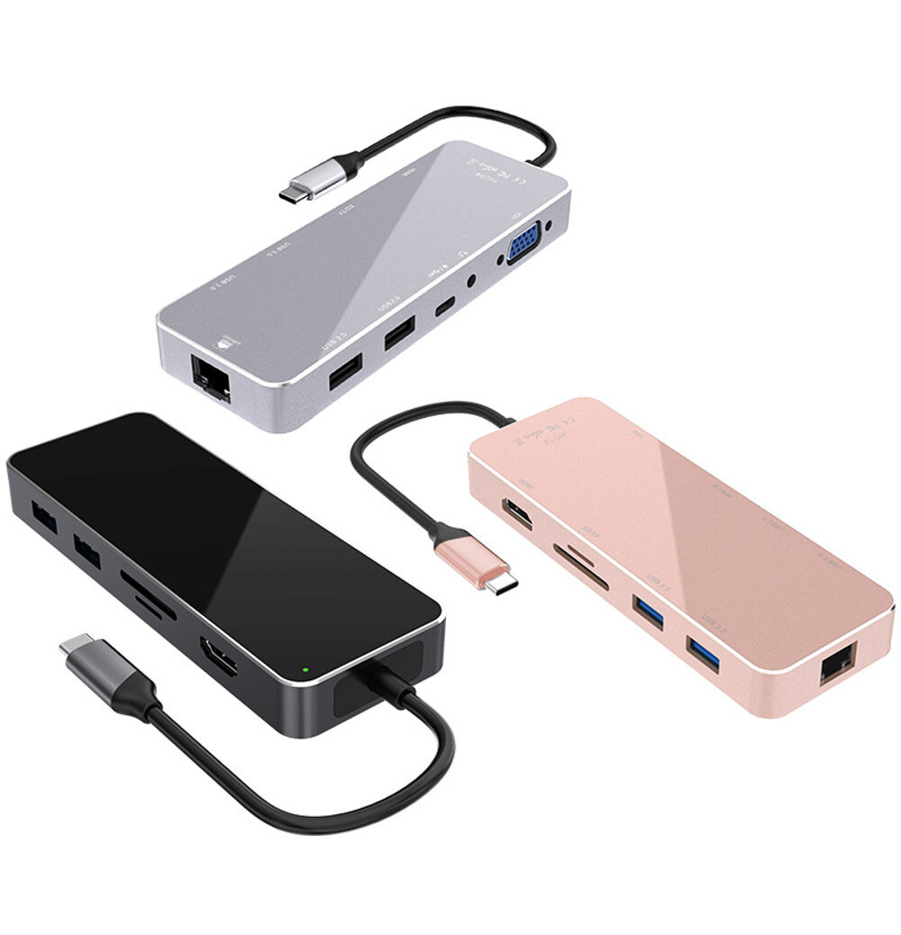 

XDL-HC12 10 in 1 Type-C Data HUB with 2*USB 3.0 2*USB 2.0 4K HD VGA RJ45 PD Chargeing TF SD Card Reader for Macbook Note