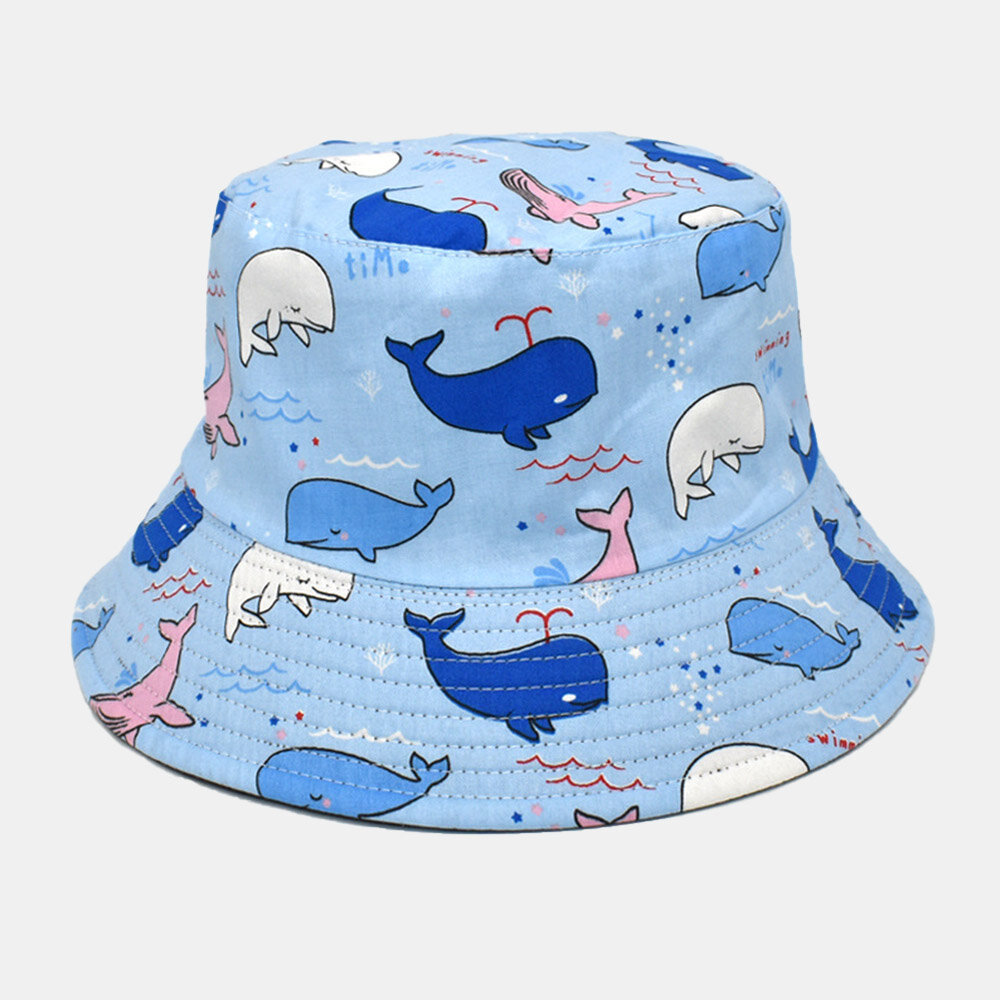 Unisex Cartoon Whale Pattern Reversible Bucket Hat Double-Side-Wear Outdoor Sunshade Beach Hat