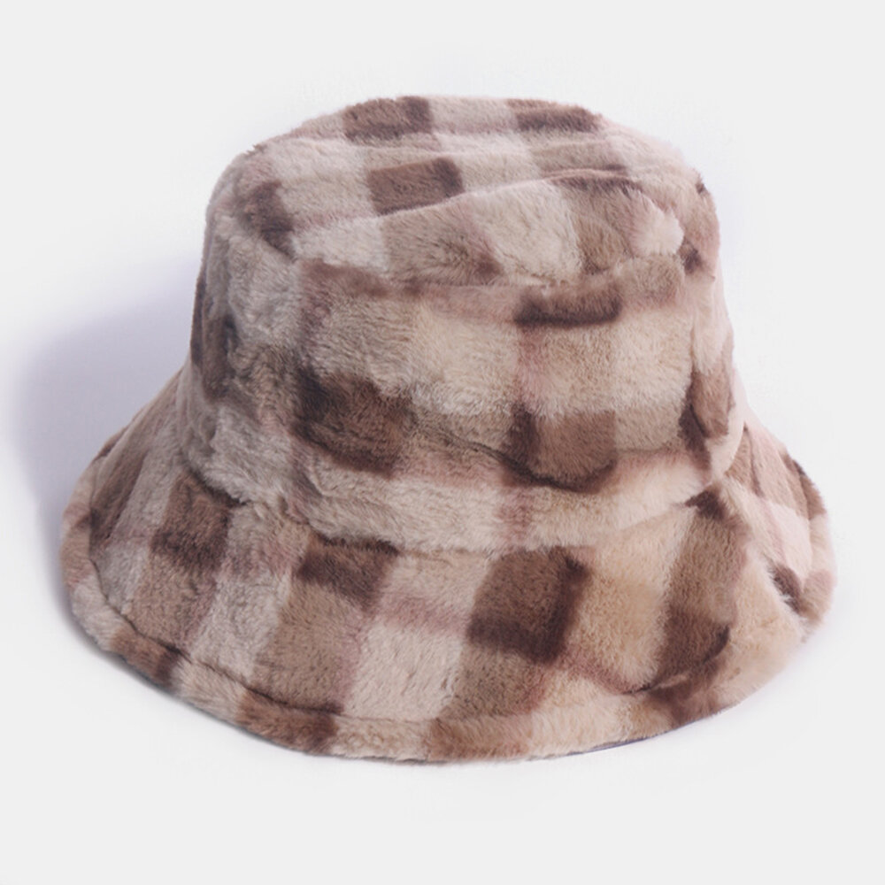 Unisex Rabbit Hair Plaids Pattern Plus Thicken Warm Windproof Soft All-match Travel Bucket Hat