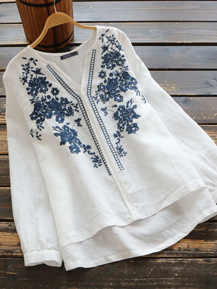Women 100% cotton v-neck embroidery patterns casual loose blouse