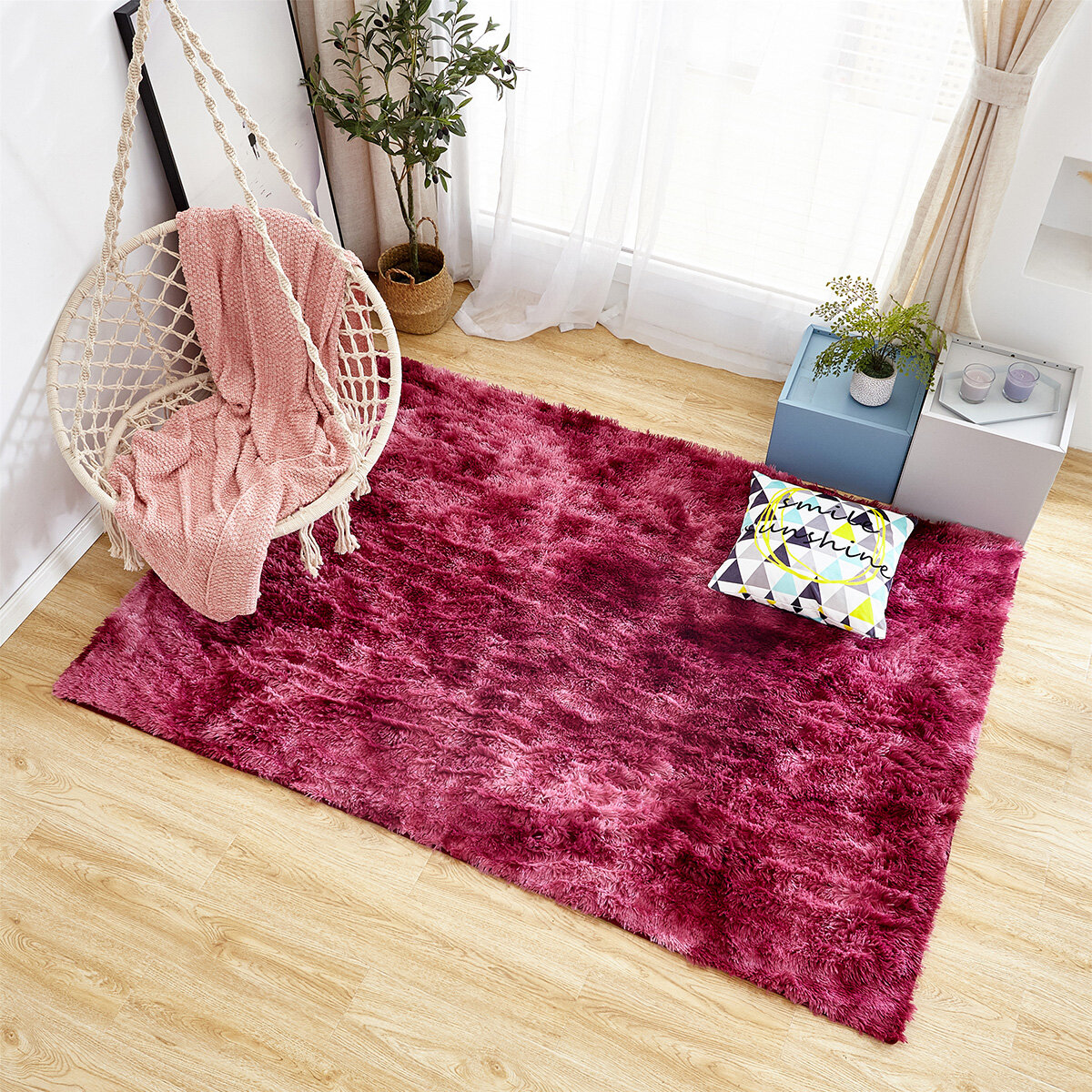 PV Velvet Wine Red Variegated Tie-dye Carpet Long Hair Gradient Floor Mat Eco-friendly Washable Anti-skid Bedside Carpet