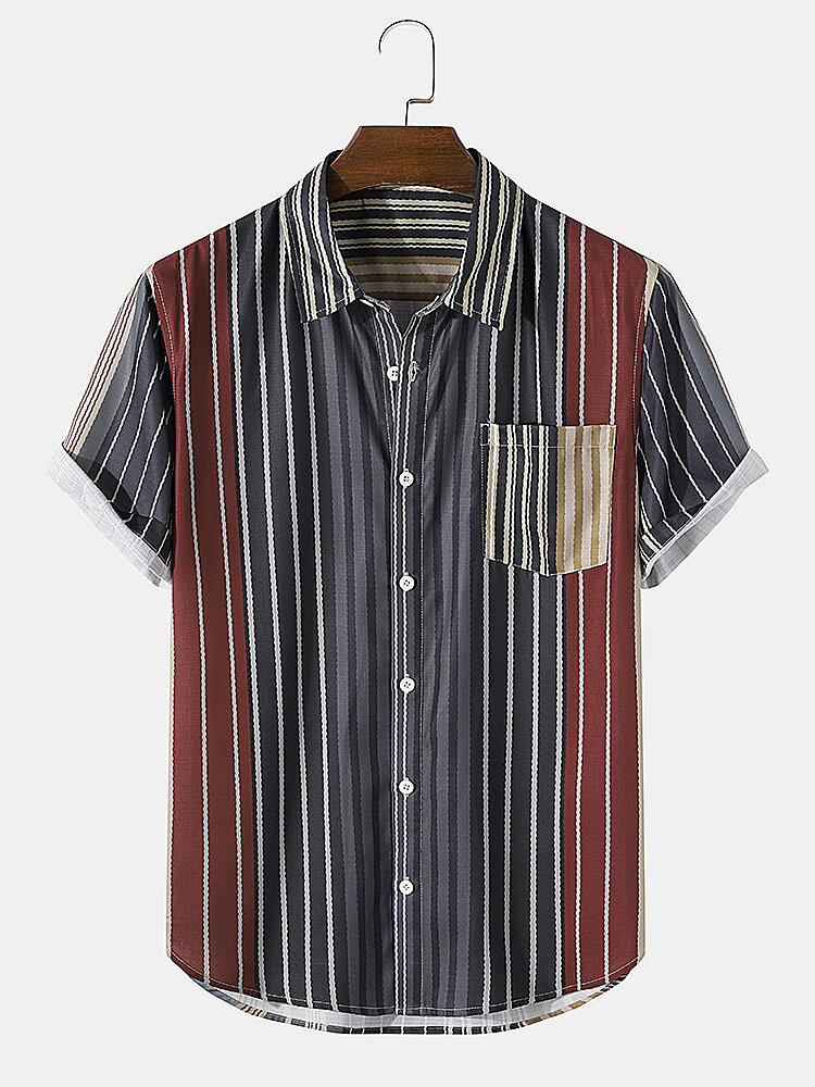 

Mens Colorful Vertical Stripe Lapel Short Sleeve Shirts With Pocket