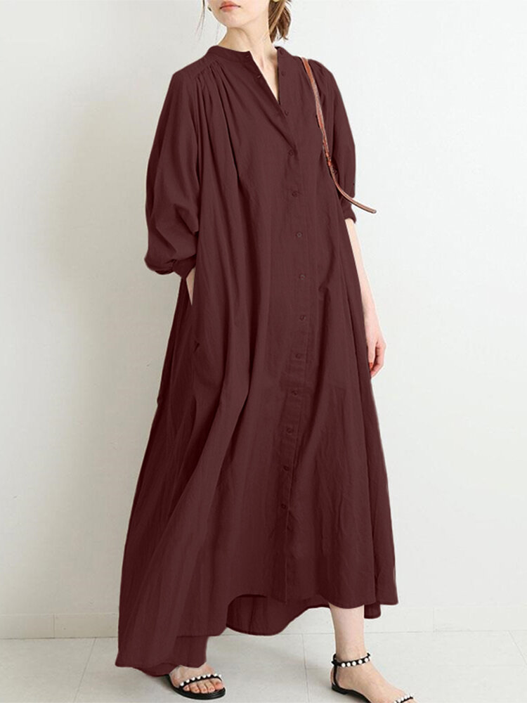 Women Brief Style Puff Sleeve Button Down Stand Collar Maxi Dress With Pocket