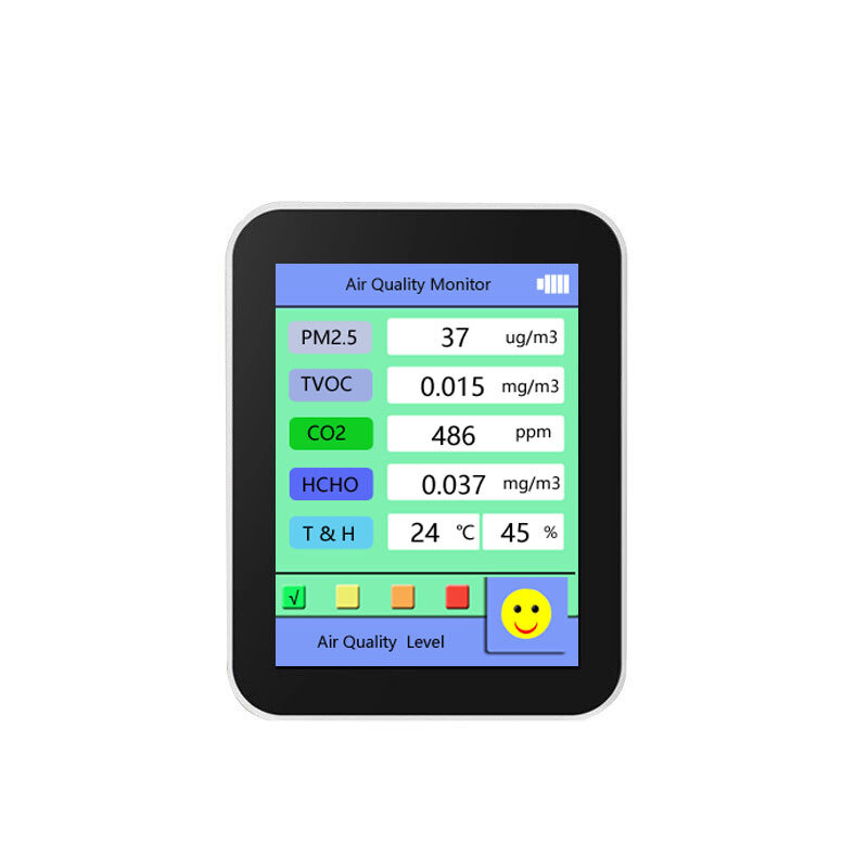 6 In 1 Luchtkwaliteit Monitor PM2.5/TVOC/CO2/HCHO/Temperatuur/Vochtigheid Ingebouwde Batterij Multif