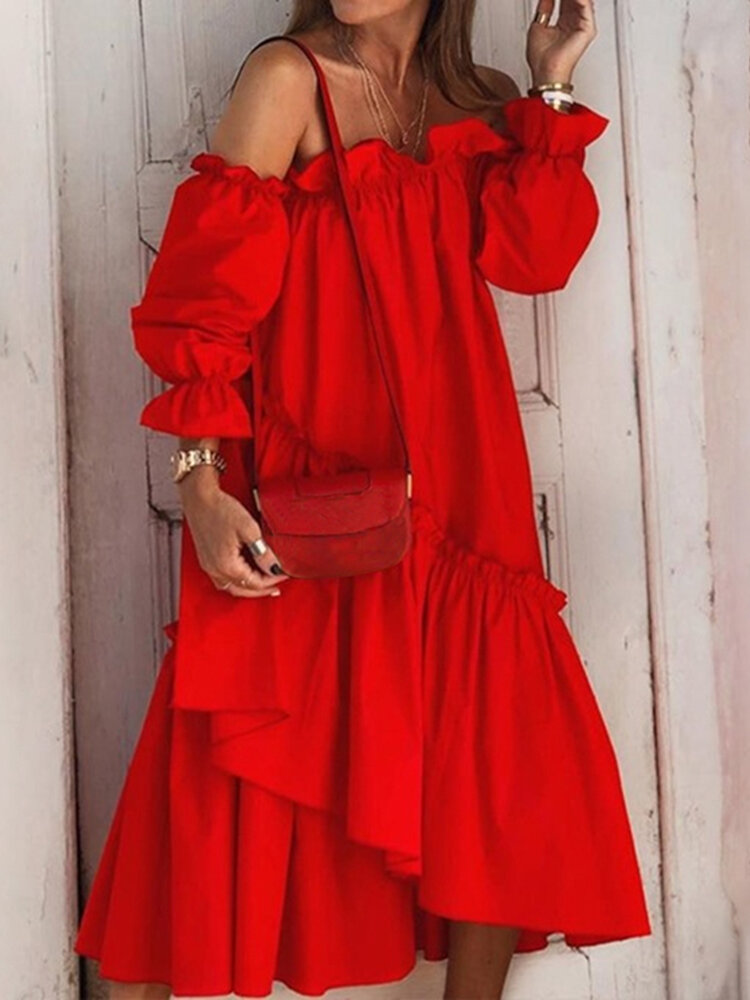 Off Shoulder Pleating Ruffles Solid Color Holiday Casual Layered Dress For Women