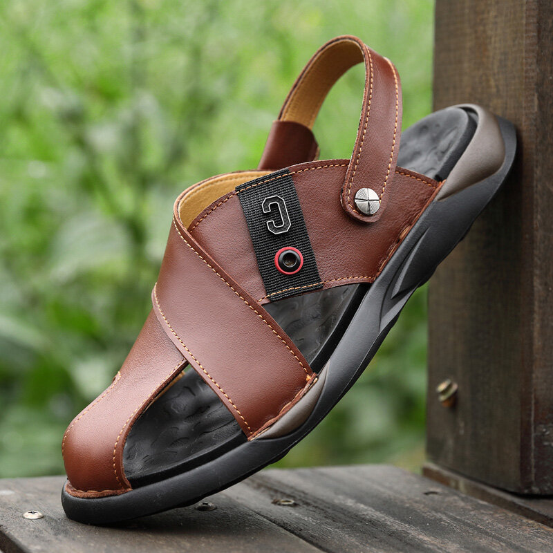 Men Cowhide Soft Sole Two-ways Non Slip Closed Toe Beach Casual Sandals