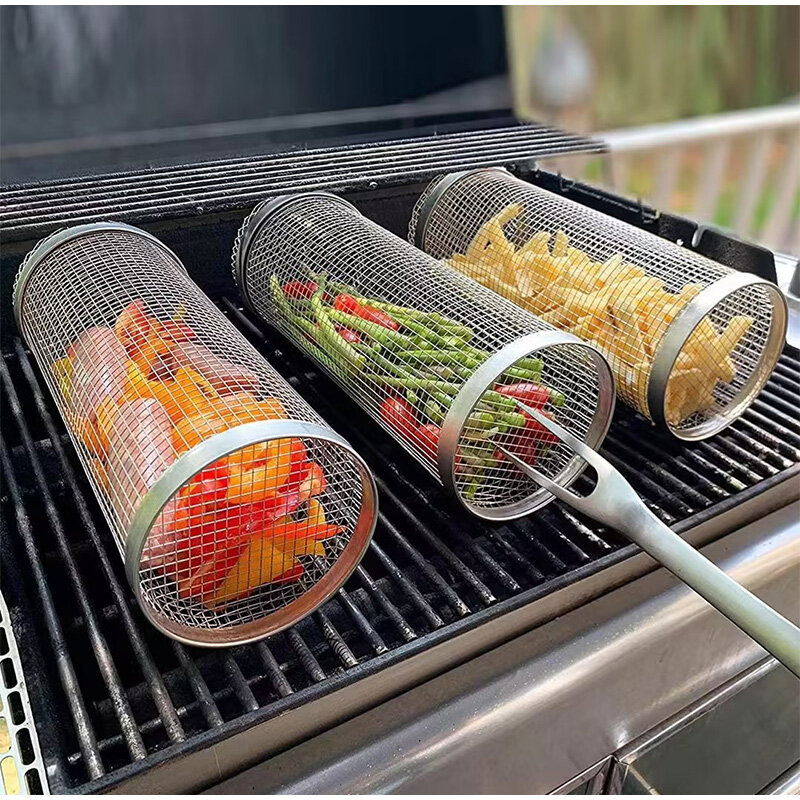 20cm Round Stainless Rolling Barbecue BBQ Grill Basket Net For Vegetables Meat Fish