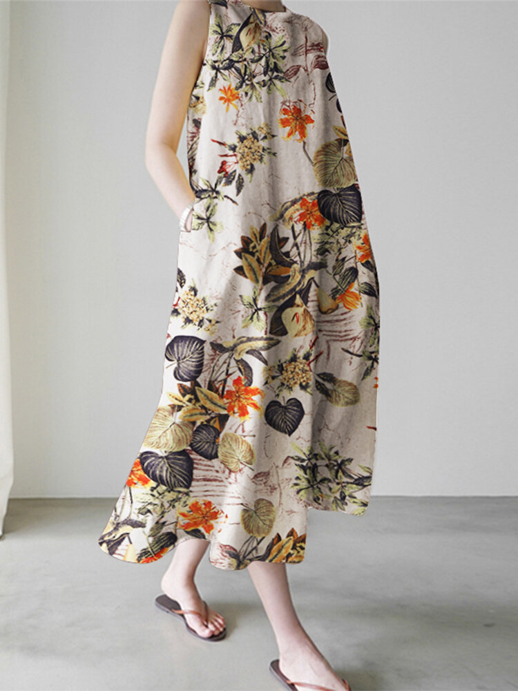 Vrouwen planten bloemenprint mouwloze losse maxi jurk met zijzak