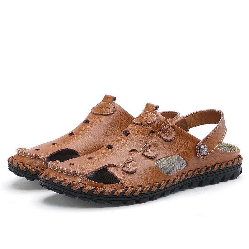 Men's outdoor daily casual sandals wrapped toe leather hand-sewn 3-fold ...