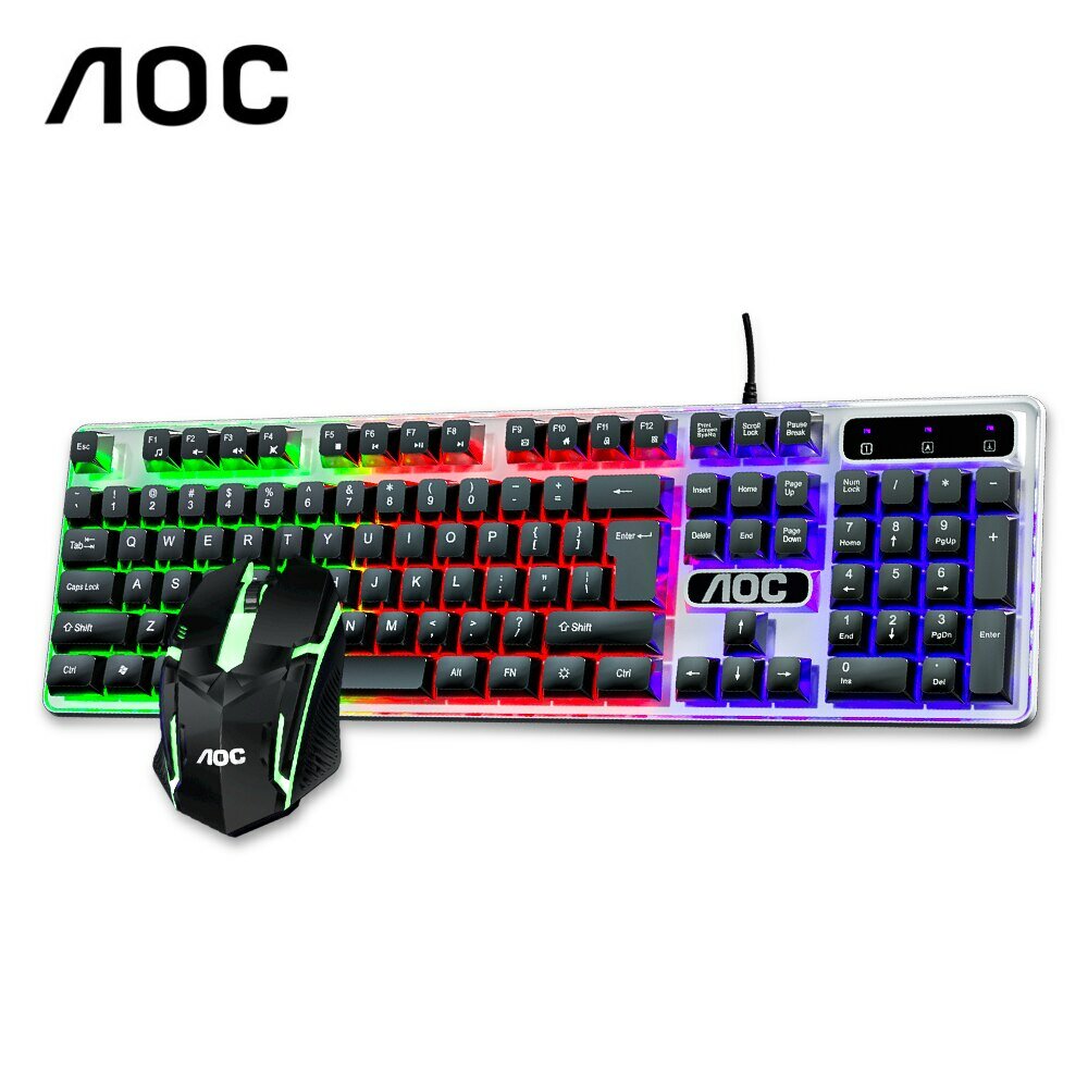 

AOC KM100 Cool Backlit Keyboard and Mouse Combo Kit Ergonomic Waterproof Keyboard Color Backlight for Computer PC Laptop