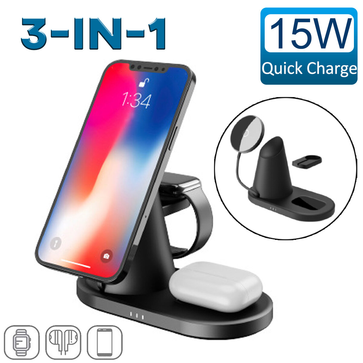 3-In-1 15W Fast Charging Magnetic Station Wireless Charger For iPhone 12/13