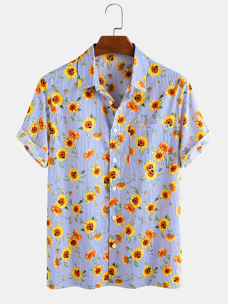 

Cotton Sunflower Printed Striped Casual Short Sleeve Hawaii Holiday Shirts For Men Women