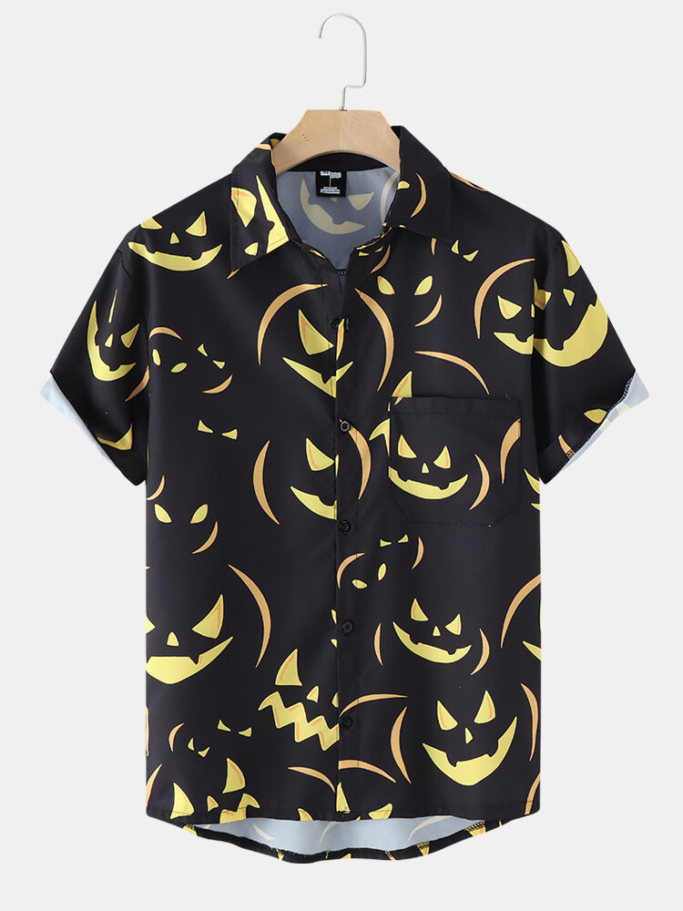 Men Halloween Pumpkin Pattern Chest Pocket Funny Shirt